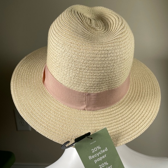 H&M straw raffia fedora hat women’s crème and pink - Picture 7 of 12
